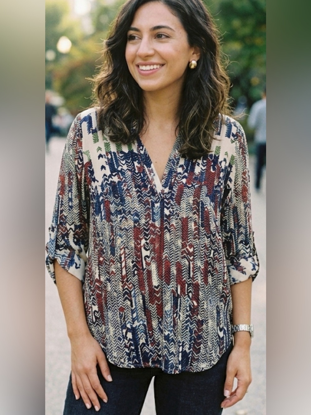AKIRA Chicago Red Label Geometric Print Blouse - Women's Small, Boho Statement